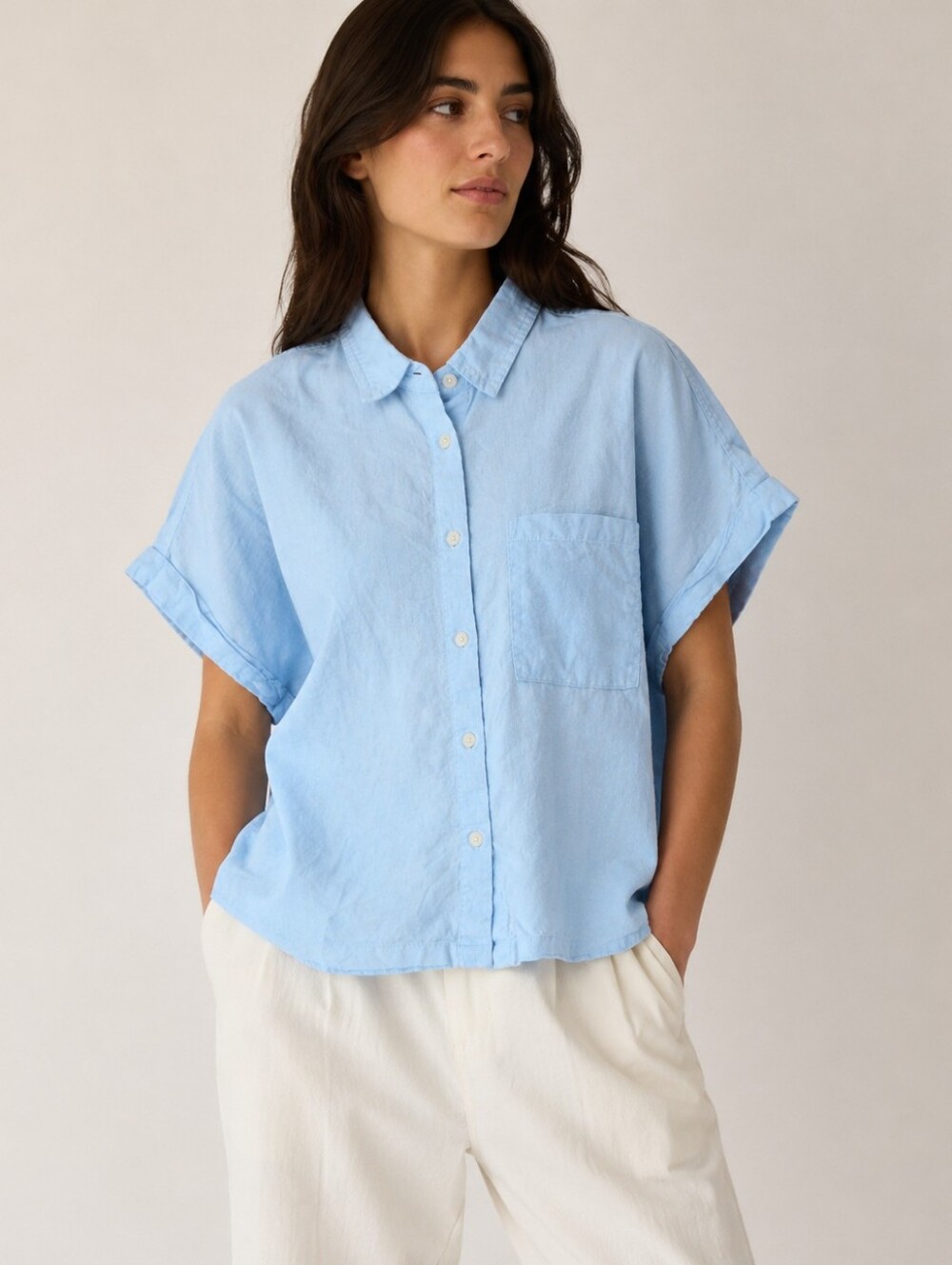 Orvis  Linen Blend Short Sleeve Boxy Button Down Shirt Women's XL Light Blue